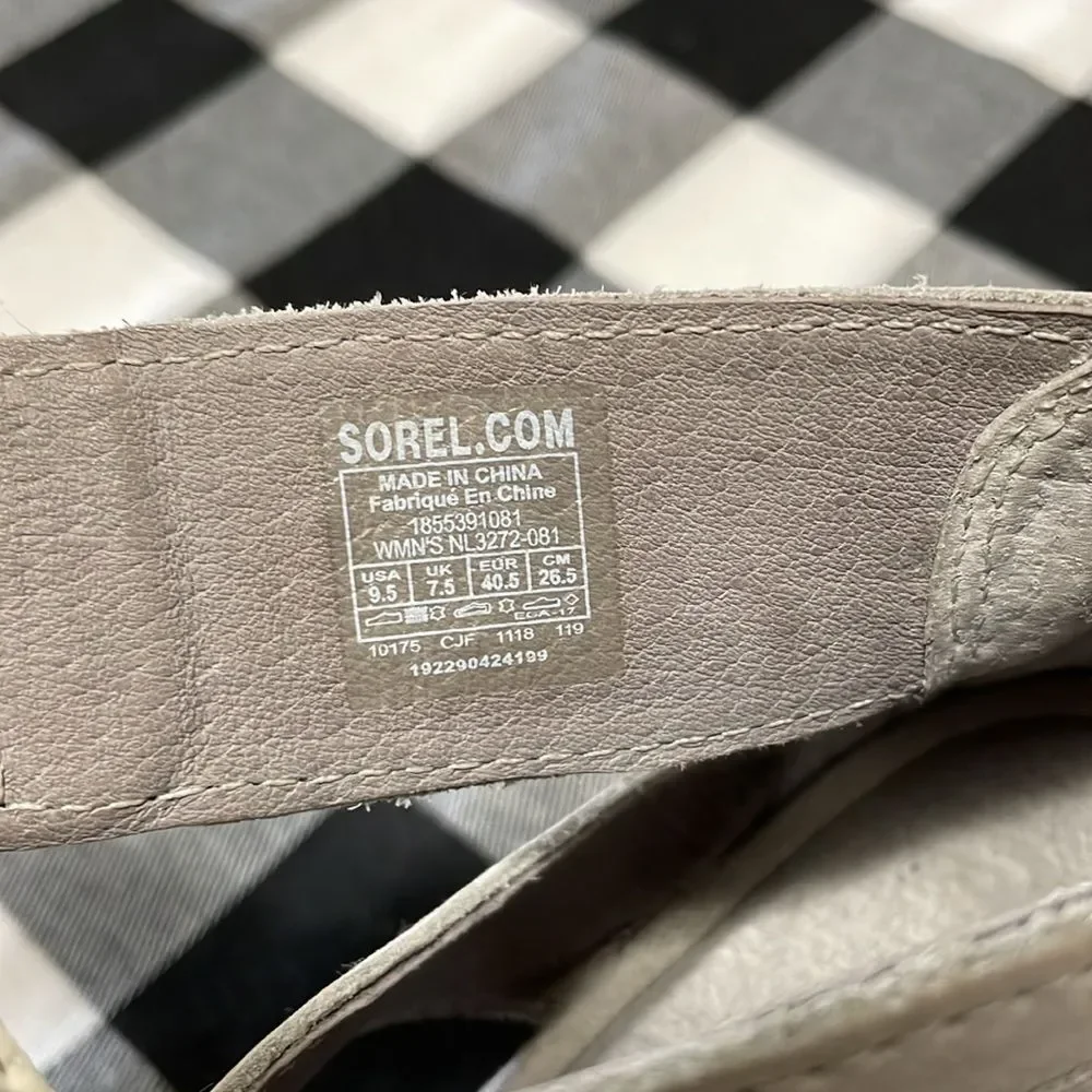 SOREL Joanie Lace Sandals Women's 9.5 Gray Leather Canvas Peep Toe Wedge Lug